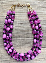 Load image into Gallery viewer, Orchid Purple + Black Chunky Statement Necklace, Big beaded jewelry, Triple Strand Statement Necklace, Bib gold, bridesmaid wedding