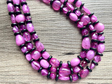 Load image into Gallery viewer, Orchid Purple + Black Chunky Statement Necklace, Big beaded jewelry, Triple Strand Statement Necklace, Bib gold, bridesmaid wedding