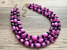 Load image into Gallery viewer, Orchid Purple + Black Chunky Statement Necklace, Big beaded jewelry, Triple Strand Statement Necklace, Bib gold, bridesmaid wedding