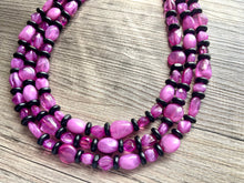 Load image into Gallery viewer, Orchid Purple + Black Chunky Statement Necklace, Big beaded jewelry, Triple Strand Statement Necklace, Bib gold, bridesmaid wedding