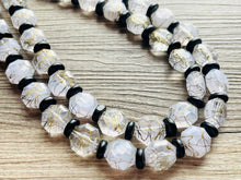 Load image into Gallery viewer, Black & Gold Jewel Statement Necklace, Chunky 2 Strand Jewelry, gold necklace, black white bib beaded necklace thick collar bead metal