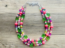 Load image into Gallery viewer, Strawberry Kiwi Chunky Statement Necklace, Coral mint beaded jewelry, Multi Strand Bib Necklace, Beaded necklace green hot pink