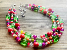Load image into Gallery viewer, Strawberry Kiwi Chunky Statement Necklace, Coral mint beaded jewelry, Multi Strand Bib Necklace, Beaded necklace green hot pink
