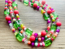 Load image into Gallery viewer, Strawberry Kiwi Chunky Statement Necklace, Coral mint beaded jewelry, Multi Strand Bib Necklace, Beaded necklace green hot pink