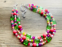 Load image into Gallery viewer, Strawberry Kiwi Chunky Statement Necklace, Coral mint beaded jewelry, Multi Strand Bib Necklace, Beaded necklace green hot pink