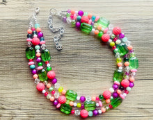 Load image into Gallery viewer, Strawberry Kiwi Chunky Statement Necklace, Coral mint beaded jewelry, Multi Strand Bib Necklace, Beaded necklace green hot pink