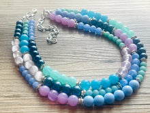 Load image into Gallery viewer, Tributaries Statement Necklace, chunky bib beaded jewelry, Summer blue purple green necklace, beaded glass jewelry lavender chambray