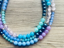 Load image into Gallery viewer, Tributaries Statement Necklace, chunky bib beaded jewelry, Summer blue purple green necklace, beaded glass jewelry lavender chambray