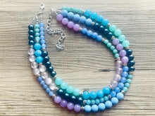 Load image into Gallery viewer, Tributaries Statement Necklace, chunky bib beaded jewelry, Summer blue purple green necklace, beaded glass jewelry lavender chambray