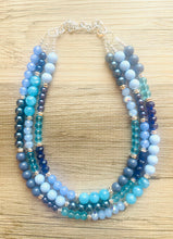 Load image into Gallery viewer, Tributaries Statement Necklace, chunky bib beaded jewelry, Summer blue aqua necklace, beaded glass jewelry navy blue teal chambray
