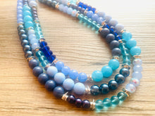 Load image into Gallery viewer, Tributaries Statement Necklace, chunky bib beaded jewelry, Summer blue aqua necklace, beaded glass jewelry navy blue teal chambray