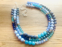 Load image into Gallery viewer, Tributaries Statement Necklace, chunky bib beaded jewelry, Summer blue aqua necklace, beaded glass jewelry navy blue teal chambray
