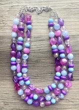 Load image into Gallery viewer, Summer Sunday Chunky Statement Necklace, pink purple blue beaded jewelry, Multi Strand Bib periwinkle Resin Beaded necklace bubblegum