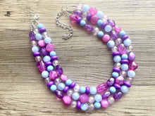 Load image into Gallery viewer, Summer Sunday Chunky Statement Necklace, pink purple blue beaded jewelry, Multi Strand Bib periwinkle Resin Beaded necklace bubblegum
