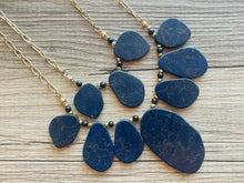 Load image into Gallery viewer, Vintage navy blue Beaded double necklace, dragon vein beaded statement necklace, everyday gold chunky layering necklace