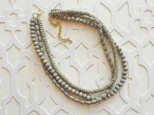 Load image into Gallery viewer, Gray Birch Wood 3 Strand Beaded Necklace, vintage tan Jewelry Chunky statement necklace, big beaded necklace geometric boho dark painted