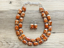 Load image into Gallery viewer, Paint splatter Burnt Orange & Gray Necklace, 2 Strand Statement Jewelry, orange Chunky bib bridesmaid everyday bubble jewelry earrings