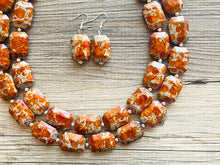 Load image into Gallery viewer, Paint splatter Burnt Orange & Gray Necklace, 2 Strand Statement Jewelry, orange Chunky bib bridesmaid everyday bubble jewelry earrings
