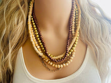 Load image into Gallery viewer, Gold & Brown statement necklace, chunky bib beaded jewelry 5 strand neutral necklace, wood multi strand wood, Traveler Collection