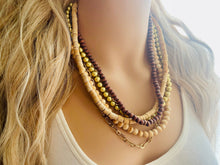Load image into Gallery viewer, Gold & Brown statement necklace, chunky bib beaded jewelry 5 strand neutral necklace, wood multi strand wood, Traveler Collection