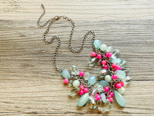 Load image into Gallery viewer, Green & pink Cluster Necklace, silver and green beaded necklace, holiday jewelry, neon pink crystal necklace bib statement Necklace