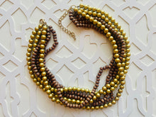 Load image into Gallery viewer, Gold & Brown statement necklace, chunky bib beaded jewelry 6 strand neutral necklace, wood multi strand wood, Traveler Collection metallic