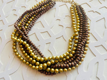 Load image into Gallery viewer, Gold & Brown statement necklace, chunky bib beaded jewelry 6 strand neutral necklace, wood multi strand wood, Traveler Collection metallic