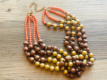 Load image into Gallery viewer, Coral Gold & Brown statement necklace, asymmetric chunky bib beaded jewelry 4 strand neutral, wood multi strand wood thick bib vintage