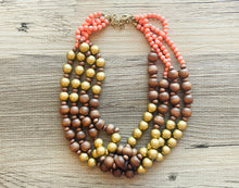 Load image into Gallery viewer, Coral Gold & Brown statement necklace, asymmetric chunky bib beaded jewelry 4 strand neutral, wood multi strand wood thick bib vintage