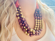 Load image into Gallery viewer, Coral Gold & Brown statement necklace, asymmetric chunky bib beaded jewelry 4 strand neutral, wood multi strand wood thick bib vintage