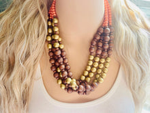 Load image into Gallery viewer, Coral Gold & Brown statement necklace, asymmetric chunky bib beaded jewelry 4 strand neutral, wood multi strand wood thick bib vintage
