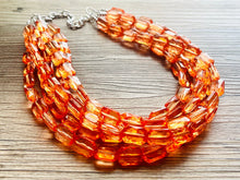 Load image into Gallery viewer, Coral Orange Statement Necklace, 5 multi Strand Beaded Jewelry, Bright Necklace, coral necklace, summer necklace, beaded jewelry earrings