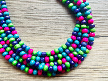 Load image into Gallery viewer, Jewel Tone Cobblestone Chunky Rainbow Beaded Necklace, 5 Strand Colorful Jewelry statement necklace, wood big beaded