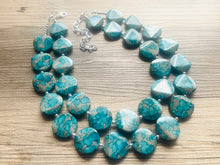 Load image into Gallery viewer, Blusey Beach Statement Necklace, Jewel tone Beaded Necklace, Chunky bib necklace, gray necklace, blue jewelry bridesmaid necklace
