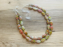 Load image into Gallery viewer, Speckled Watermelon Chunky Statement Necklace, Big beaded jewelry, 2 Strand bib chunky Necklace, gray green red silver earrings set jewelry