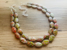 Load image into Gallery viewer, Speckled Watermelon Chunky Statement Necklace, Big beaded jewelry, 2 Strand bib chunky Necklace, gray green red silver earrings set jewelry
