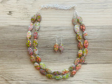 Load image into Gallery viewer, Speckled Watermelon Chunky Statement Necklace, Big beaded jewelry, 2 Strand bib chunky Necklace, gray green red silver earrings set jewelry