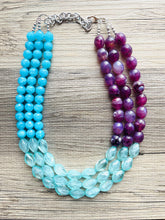Load image into Gallery viewer, West Coast Necklace, 3 strand bright jewelry, big beaded chunky statement, periwinkle orchid blue aqua royal purple, royal blue mint green