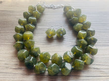 Load image into Gallery viewer, Army Green Chunky Statement Necklace, Big beaded jewelry, Double Strand Statement Necklace, Bib necklace, green bridesmaid wedding camo