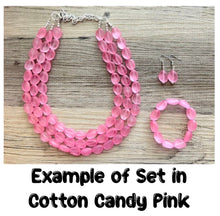 Load image into Gallery viewer, Peach Chunky Statement Necklace & Stretch Bracelet set, Triple Strand Beaded Jewelry, light coral pink jewelry, bridesmaid jelly bean