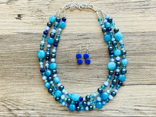 Load image into Gallery viewer, Skinny Dip! Blue Beaded Statement jewelry, Chunky Beaded Necklace, navy blue Jewelry Necklace, beaded aqua turquoise royal Geometric