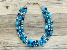Load image into Gallery viewer, Skinny Dip! Blue Beaded Statement jewelry, Chunky Beaded Necklace, navy blue Jewelry Necklace, beaded aqua turquoise royal Geometric