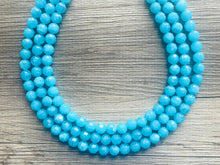 Load image into Gallery viewer, Aqua Blue Sky Dive 3 Strand Statement Necklace, Chunky light blue Oval Beaded Bib Jewelry, blue jewelry, baby blue jewlery necklace