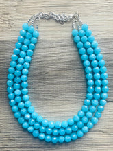 Load image into Gallery viewer, Aqua Blue Sky Dive 3 Strand Statement Necklace, Chunky light blue Oval Beaded Bib Jewelry, blue jewelry, baby blue jewlery necklace