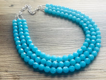 Load image into Gallery viewer, Aqua Blue Sky Dive 3 Strand Statement Necklace, Chunky light blue Oval Beaded Bib Jewelry, blue jewelry, baby blue jewlery necklace