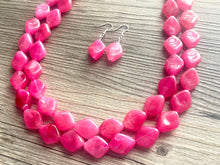 Load image into Gallery viewer, Big Bead pink Necklace, 2 Strand Statement Jewelry, magenta pink Chunky bib bridesmaid, hot pink jewelry, dark pink necklace earring set