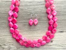 Load image into Gallery viewer, Big Bead pink Necklace, 2 Strand Statement Jewelry, magenta pink Chunky bib bridesmaid, hot pink jewelry, dark pink necklace earring set