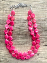 Load image into Gallery viewer, Big Bead pink Necklace, 2 Strand Statement Jewelry, magenta pink Chunky bib bridesmaid, hot pink jewelry, dark pink necklace earring set