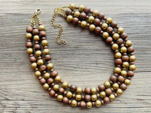 Load image into Gallery viewer, Gold & Brown statement necklace, chunky bib beaded jewelry 3 strand neutral necklace, wood multi strand wood, Traveler Collection