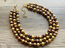 Load image into Gallery viewer, Gold & Brown statement necklace, chunky bib beaded jewelry 3 strand neutral necklace, wood multi strand wood, Traveler Collection